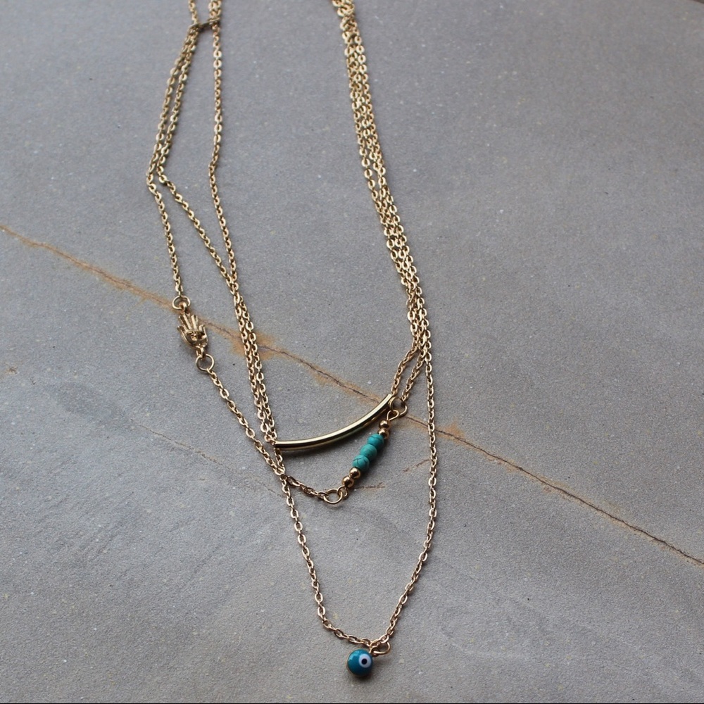 Boho Multi Layer Hamsa Fatima Evil Eye Necklace - Picture 7 of 7